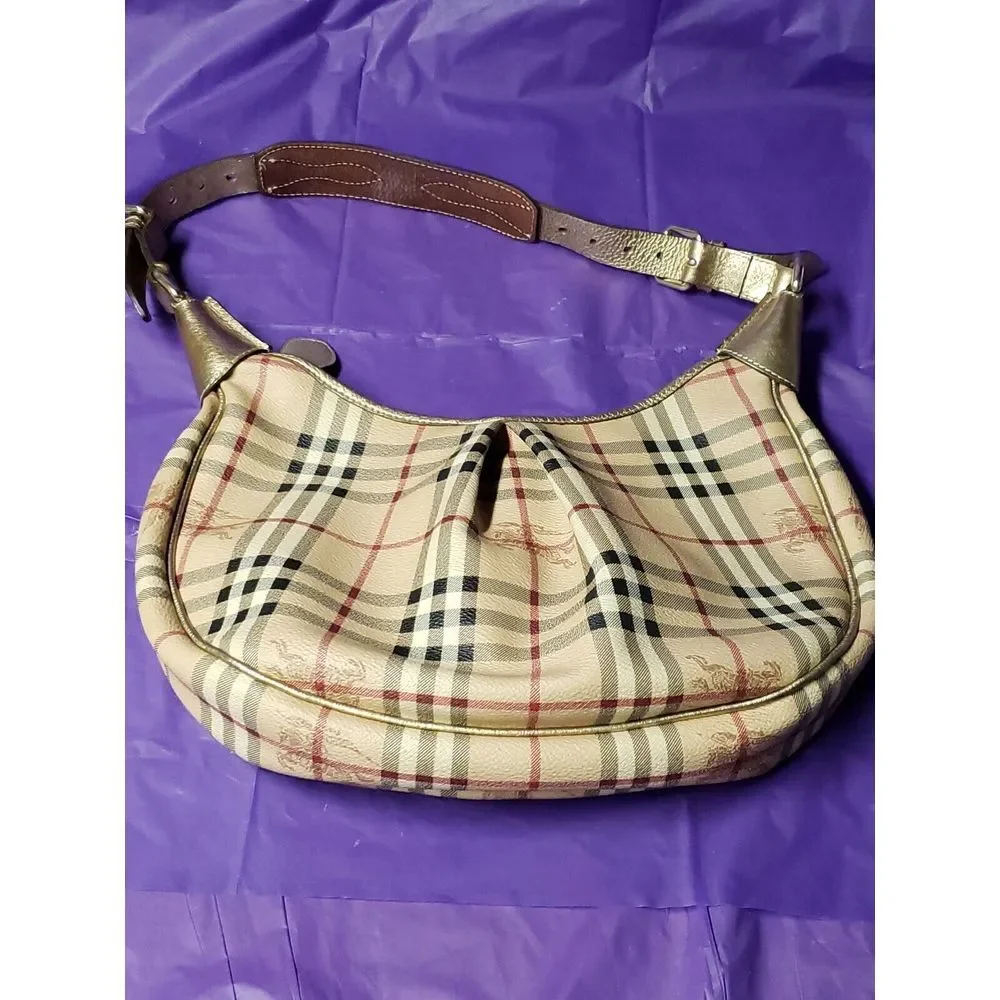 Burberry vintage Hob Beige/Gold Haymarket‎ Check Coated ,Leather Pleated